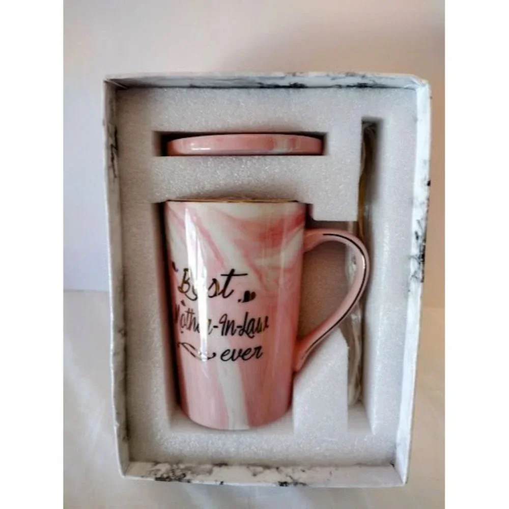 - Mother In Law Coffee Mug Gift Set Pink Marbled Ceramic Gold Trim letter,…